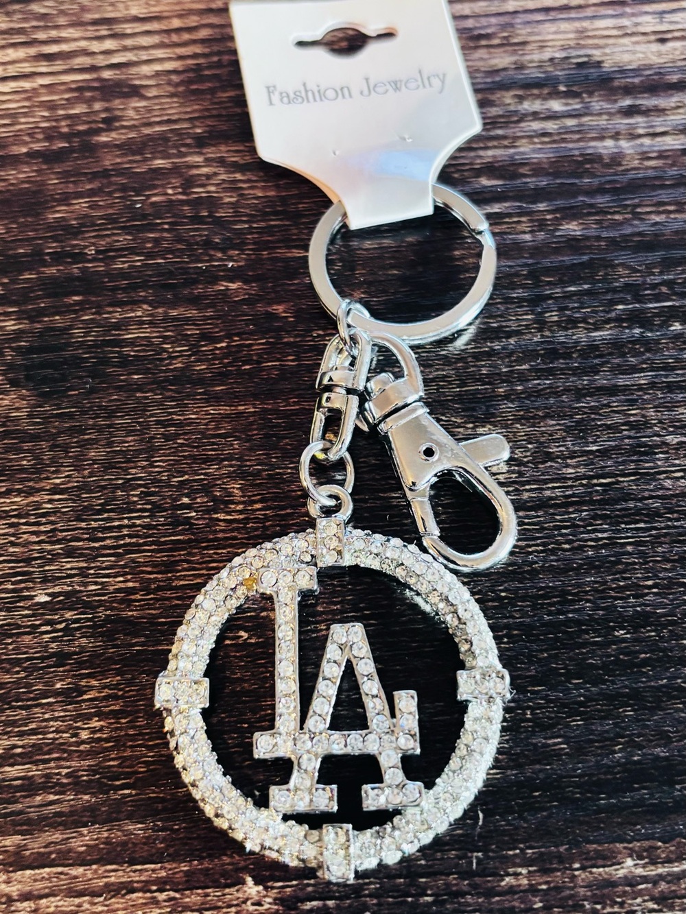 Silver Tone Rhinestone LA Circle Keychain - Picture 3 of 3